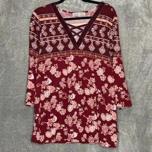 Absolutely Famous XL Shirt Top Burgundy Red Floral 3/4 Sleeve Criss Cross V Neck